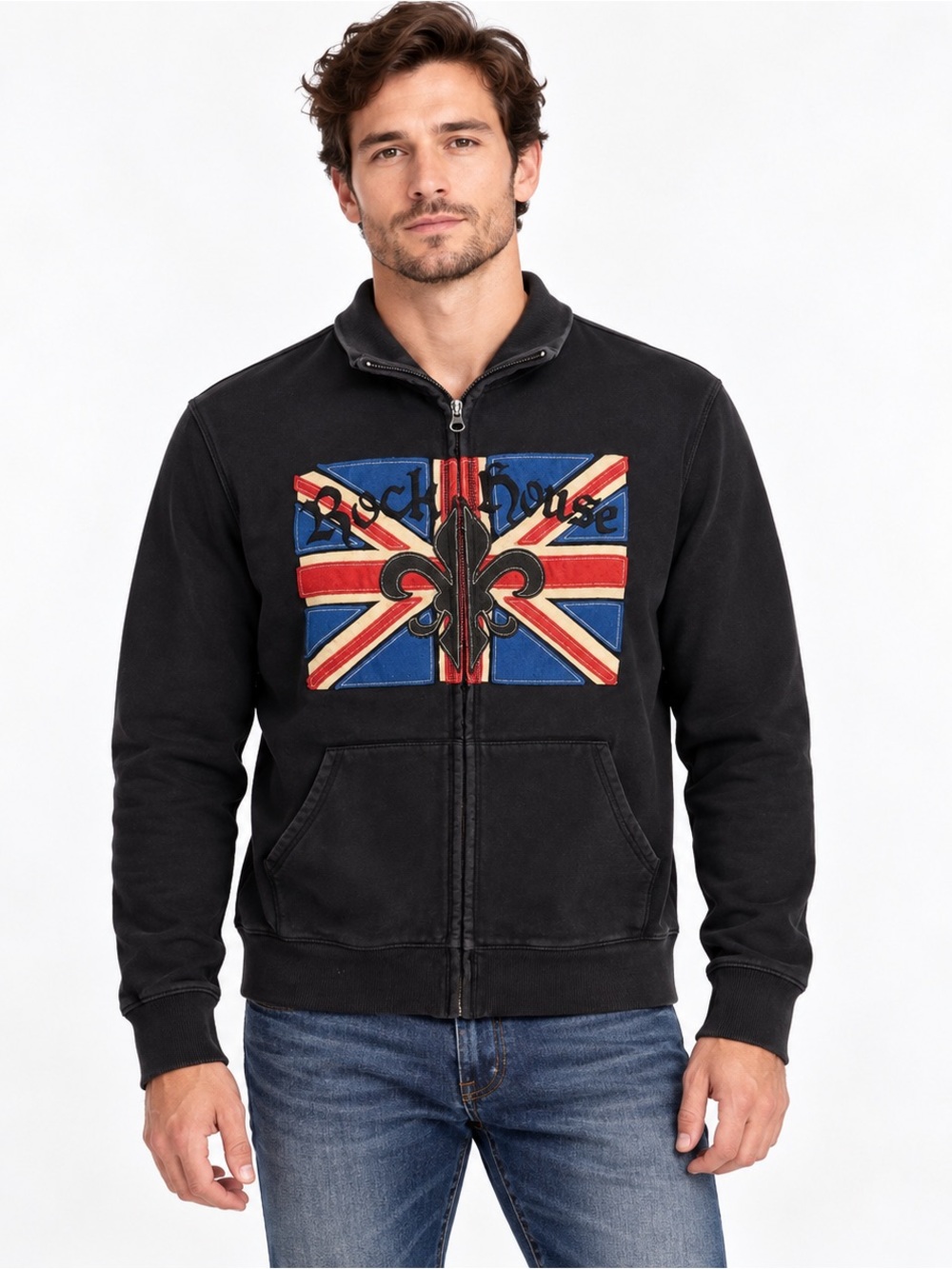 Lucky Brand Rock House Union Jack Full Zip Sweatshirt Men’s M Black Fleur de Lis